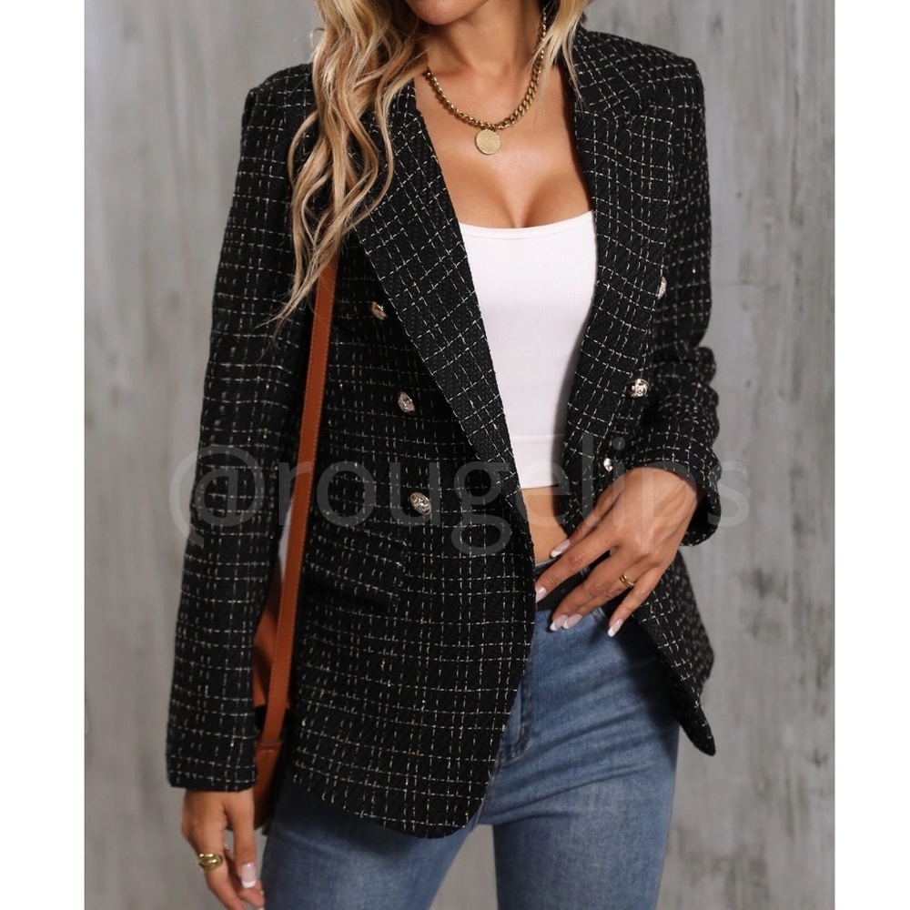 Classic Tweed Double Breasted Black Blazer Jacket Long Sleeve
